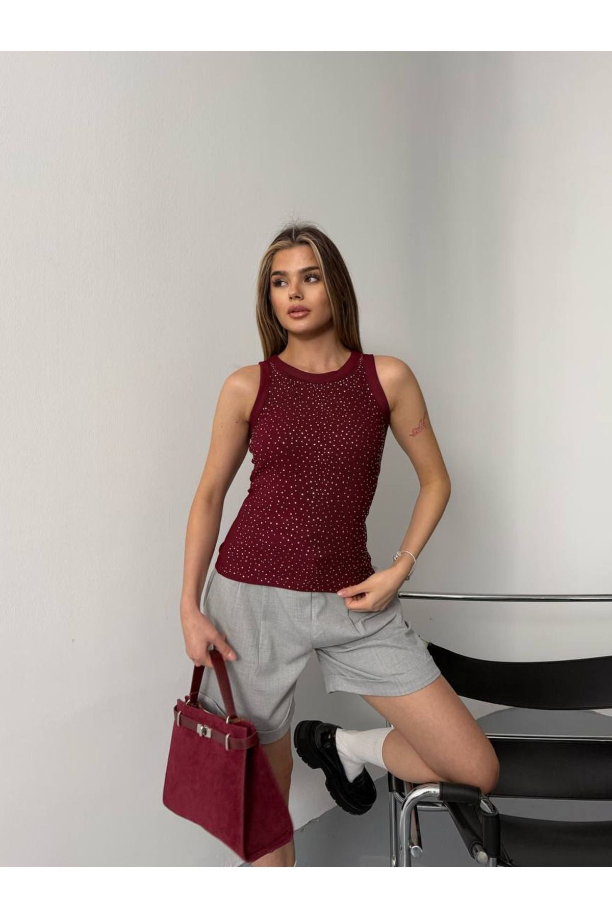 Halter Yaka Ottoman Kumaş Serpme Taşlı Crop Body Bluz