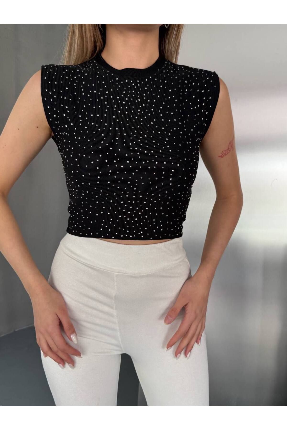 Ottoman Kumaş Bisiklet Yaka Serpme Taşlı Kadın Crop Bluz