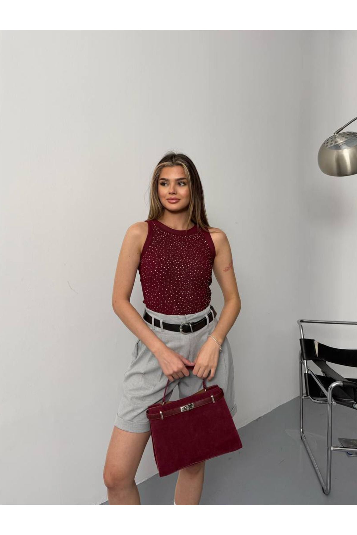 Halter Yaka Ottoman Kumaş Serpme Taşlı Crop Body Bluz